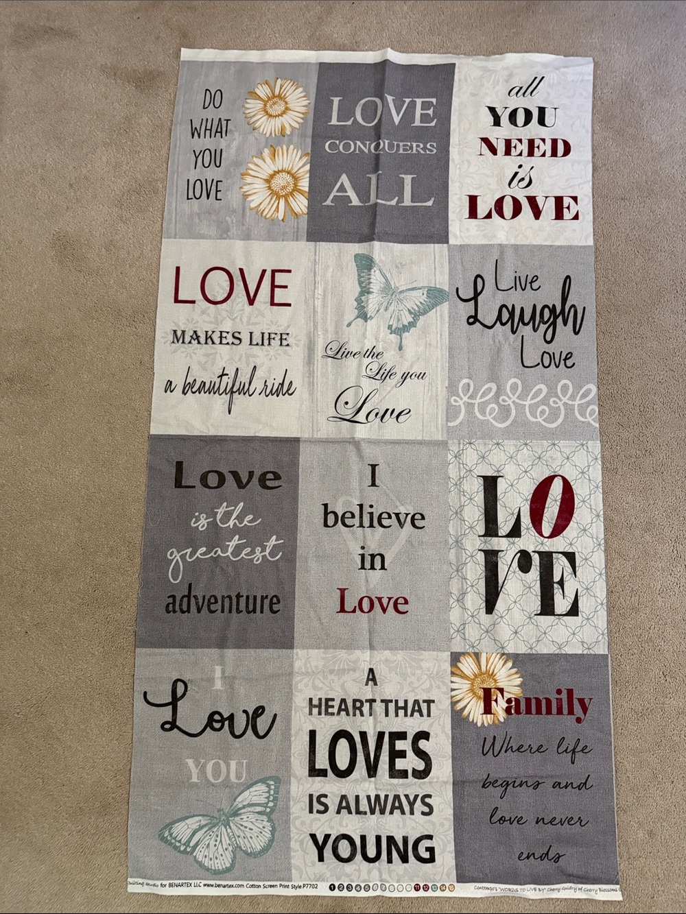 Love Fabric Panel - Gray, Cream, Burgundy Accents